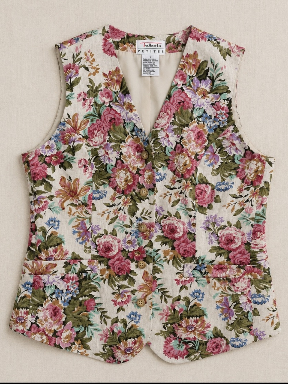 90s Talbots Petites Floral Linen Vest Woman XS Cottagecore Button Front Vintage